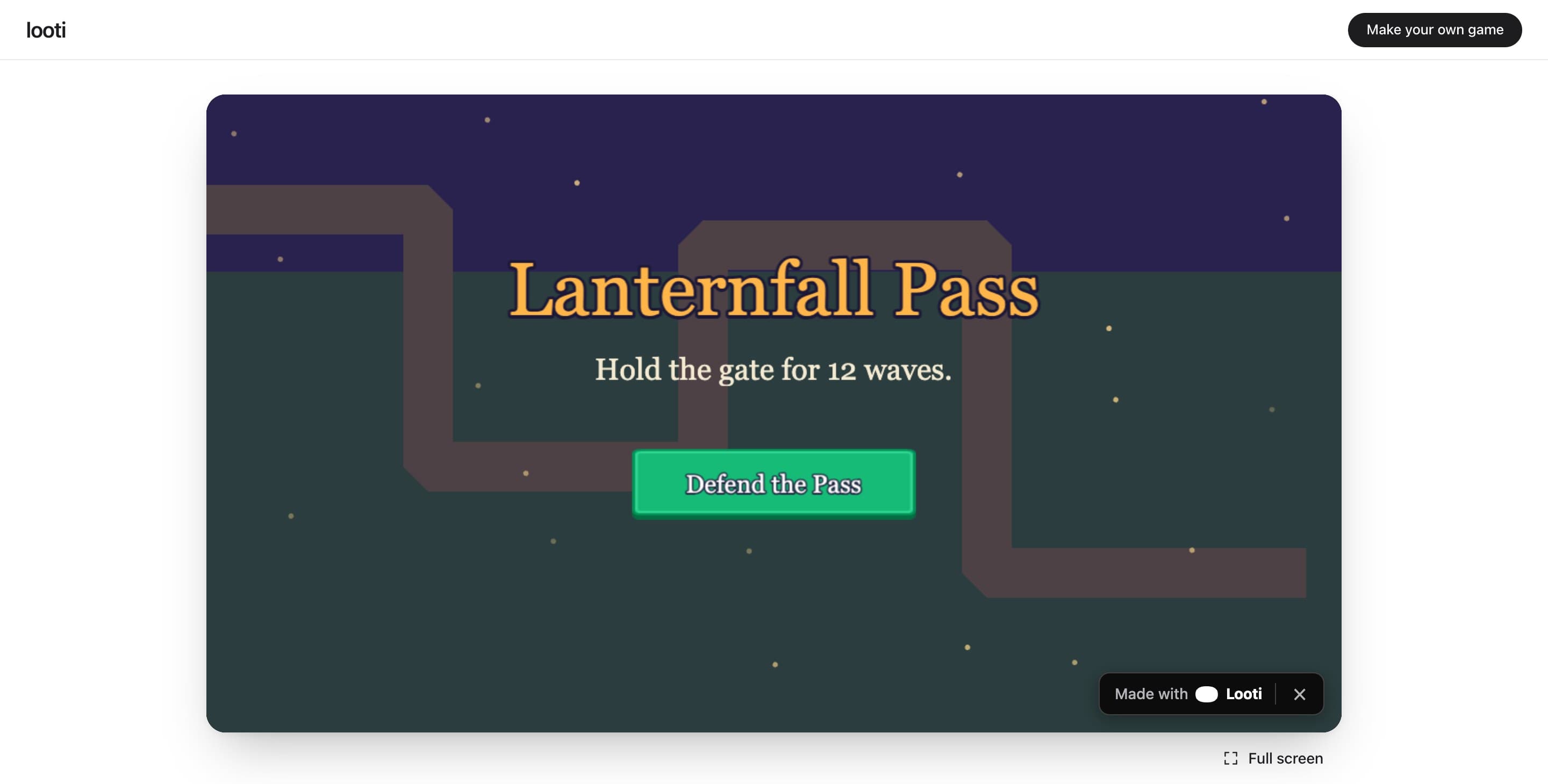 Lanternfall Pass, a tower defense game made with Looti, on its public page.